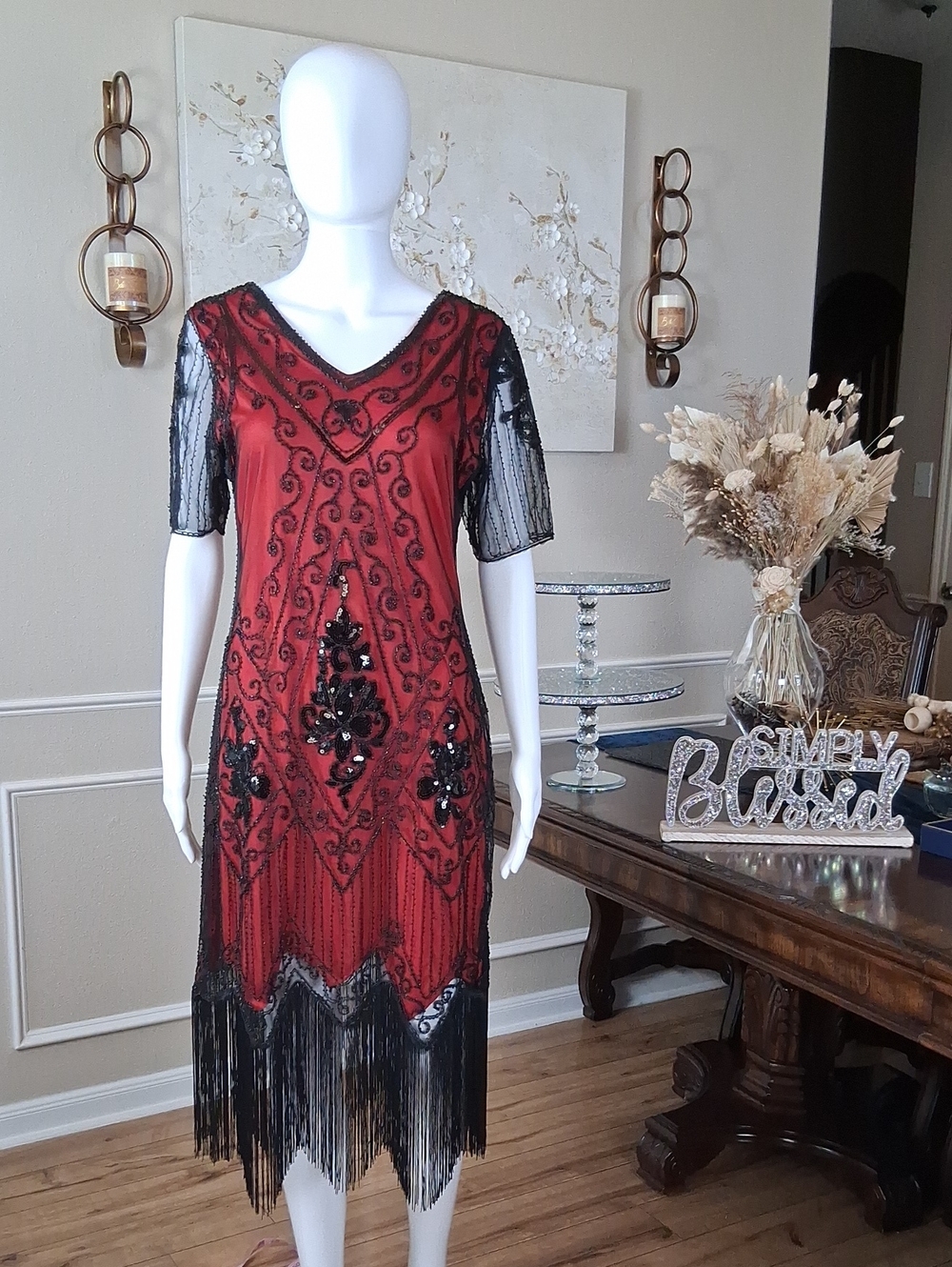 New Women's Red And Black Beaded V-Neck Fringe Cocktail Summer Dress Medium - Picture 3 of 16